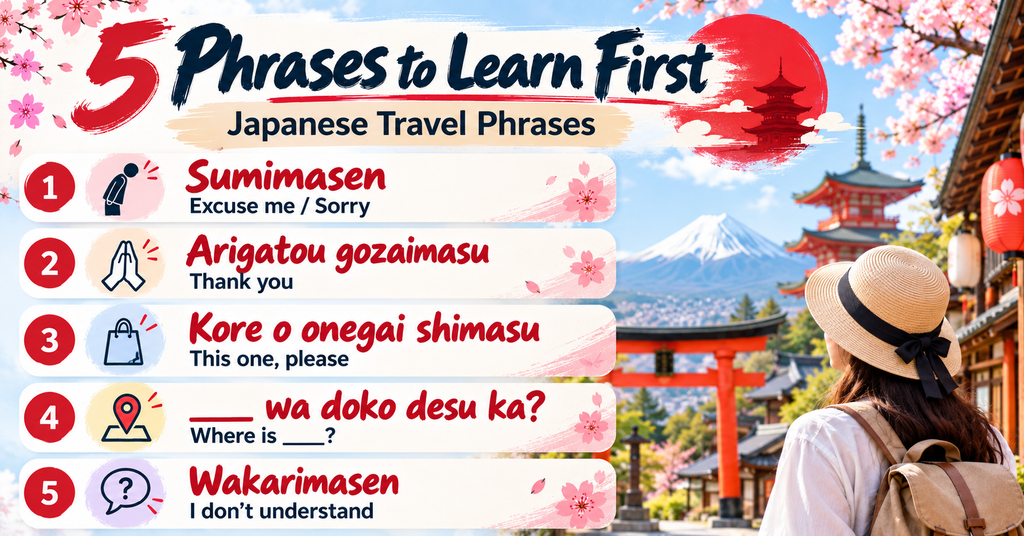 Japanese Travel Phrases: 5 Phrases to Learn First. AI-generated illustration.