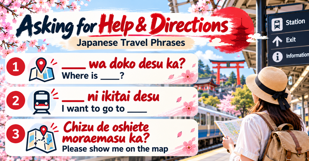 Japanese Phrases for Asking for Help and Directions. AI-generated illustration.