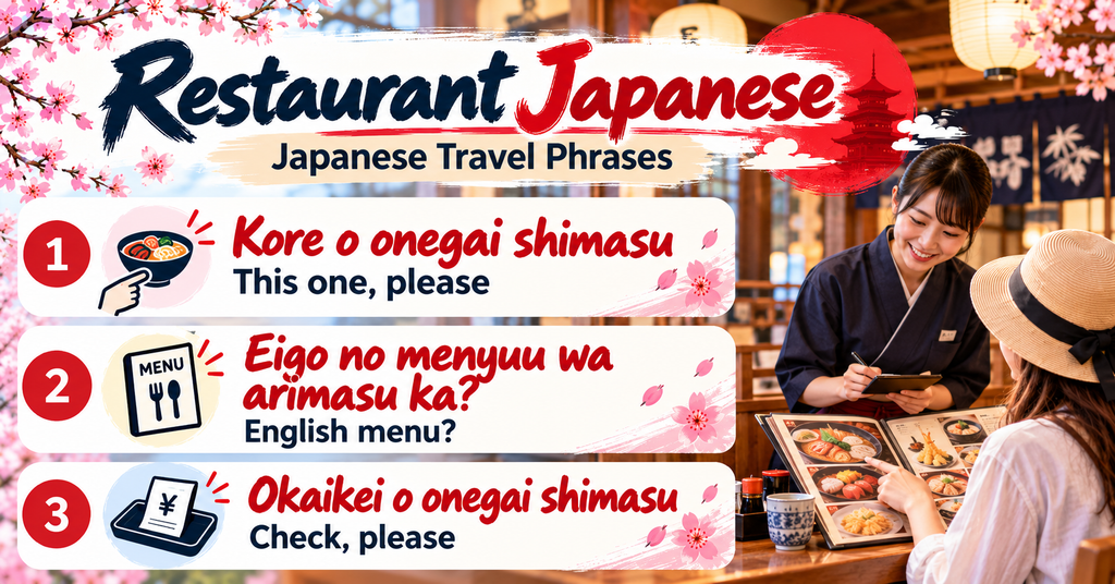 Japanese Travel Phrases for Restaurants. AI-generated illustration.