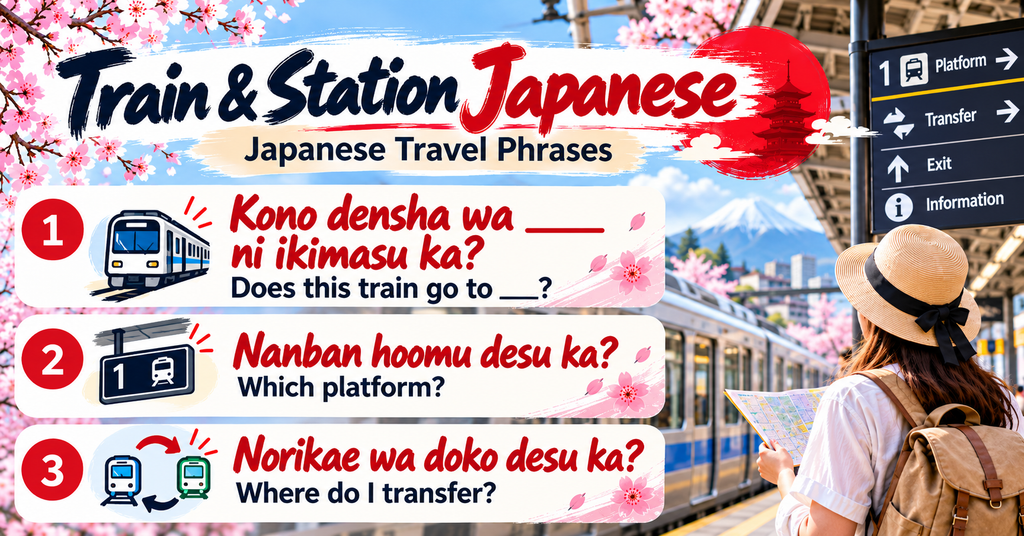 Japanese Phrases for Trains and Stations. AI-generated illustration.