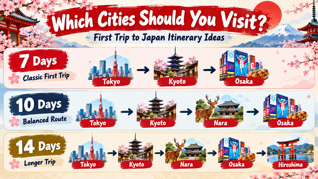 Which Cities Should You Visit on Your First Trip to Japan? AI-generated illustration.