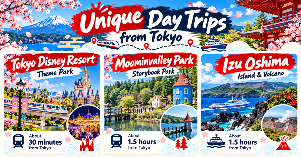 Unique and Theme Park Day Trips from Tokyo. AI-generated illustration.