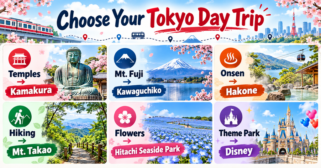 How to Choose the Best Day Trip from Tokyo. AI-generated illustration.