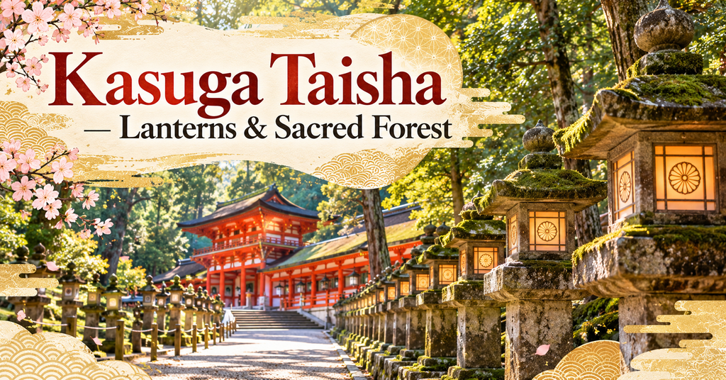 Kasuga Taisha Shrine – Lanterns and Sacred Forest. AI-generated illustration.
