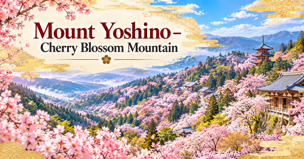 Mount Yoshino – Nara’s Famous Cherry Blossom Mountain. AI-generated illustration.