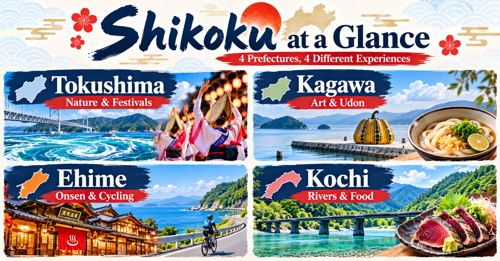 Shikoku at a Glance: Which Prefecture Should You Visit? AI-generated illustration.