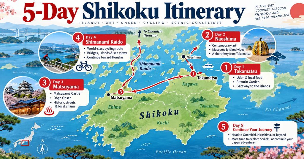 Sample 5-Day Shikoku Itinerary for First-Time Visitors. AI-generated illustration.
