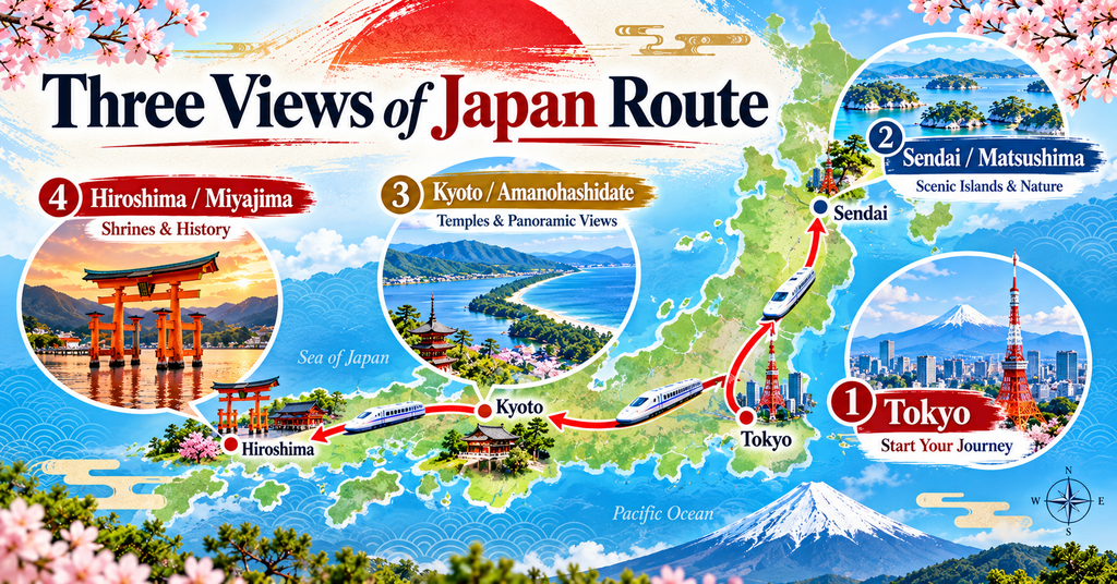 Can You Visit All Three Views of Japan in One Trip? AI-generated illustration.