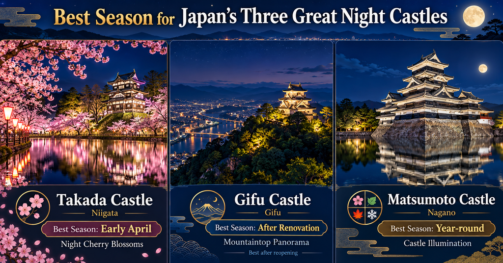 Best Season for Japan's Three Great Night Castles. AI-generated illustration.